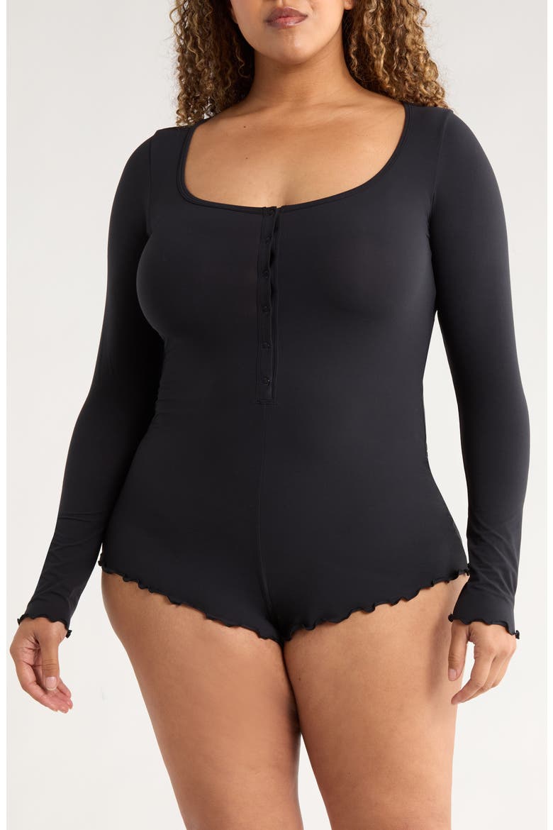 Snug Hug Ruffle Sleep Romper, Main, color, BLACK CAVIAR