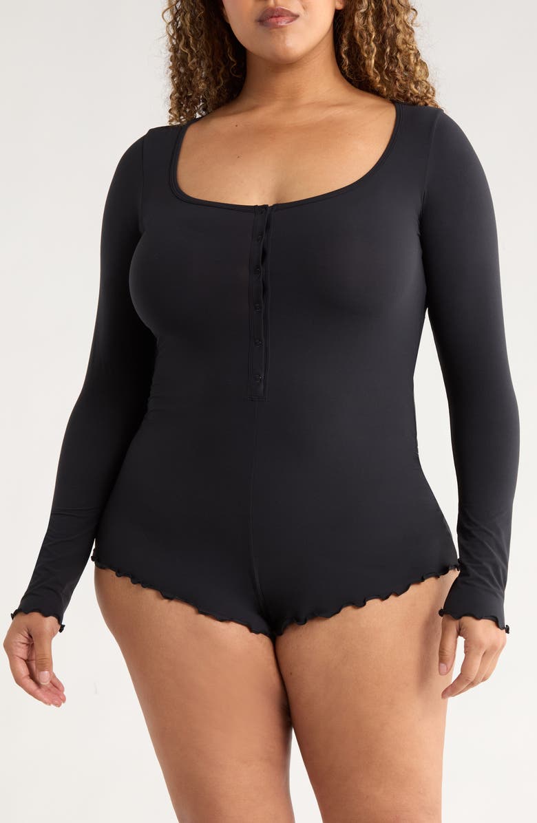 SAVAGE X FENTY Snug Hug Ruffle Sleep Romper, Main, color, Black Caviar