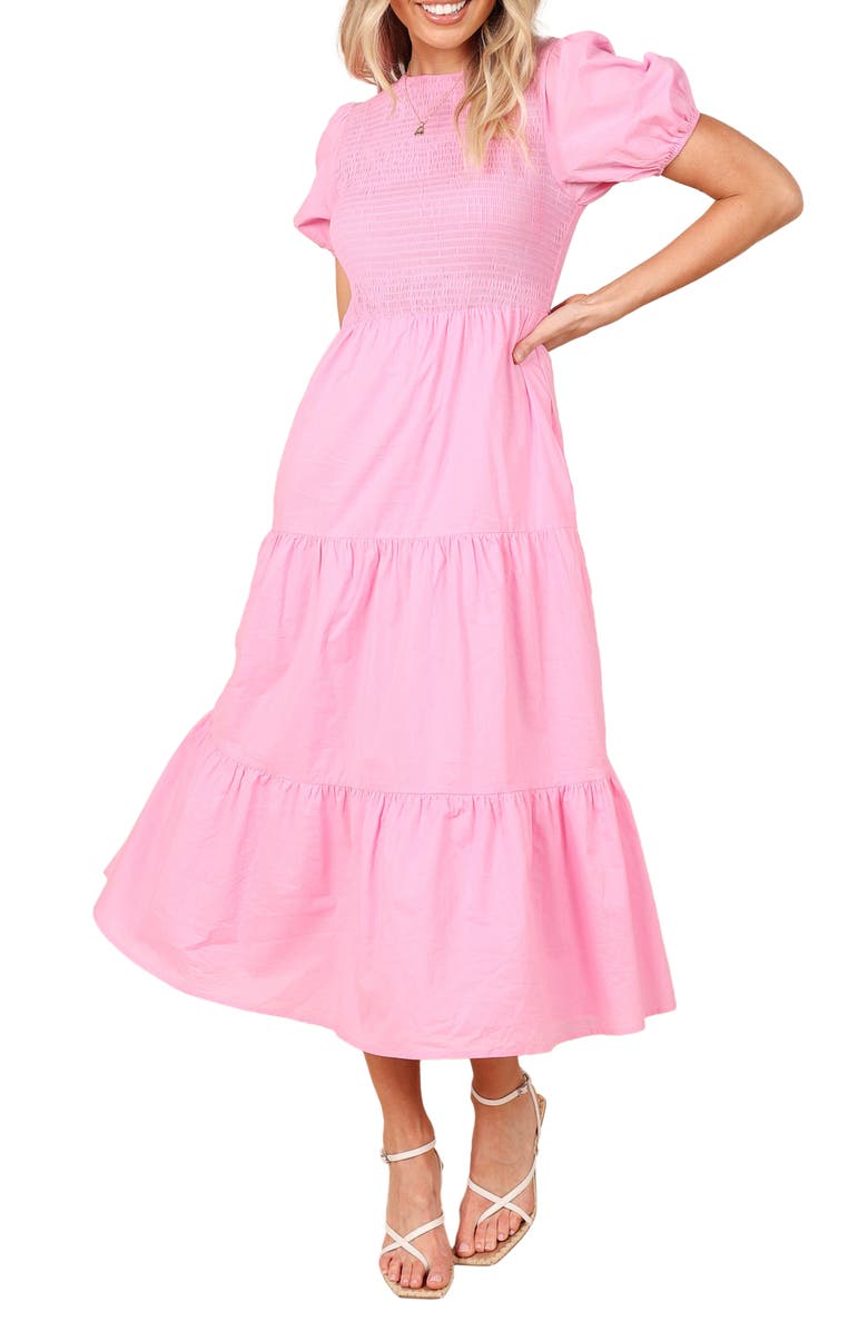 Petal & Pup Naura Smocked Tiered Cotton Midi Dress, Main, color,