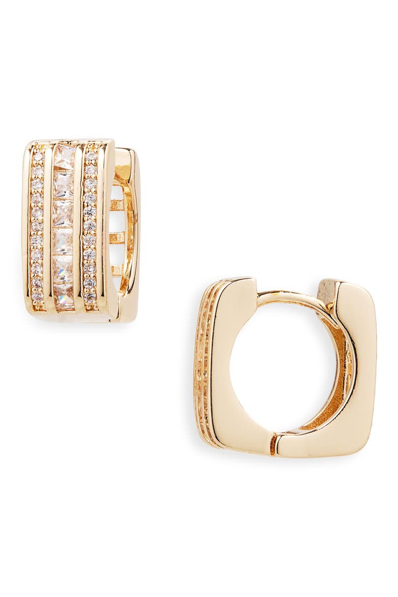 Cubic Zirconia Square Huggie Hoop Earrings, Main, color, CLEAR- GOLD