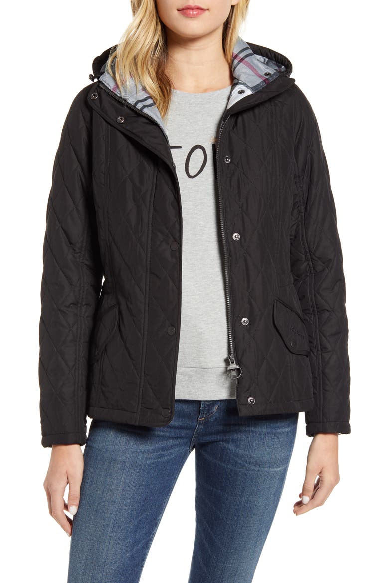 Millfire Diamond Hooded Quilted Jacket, Main, color, BLACK/ JUNIPER TARTAN