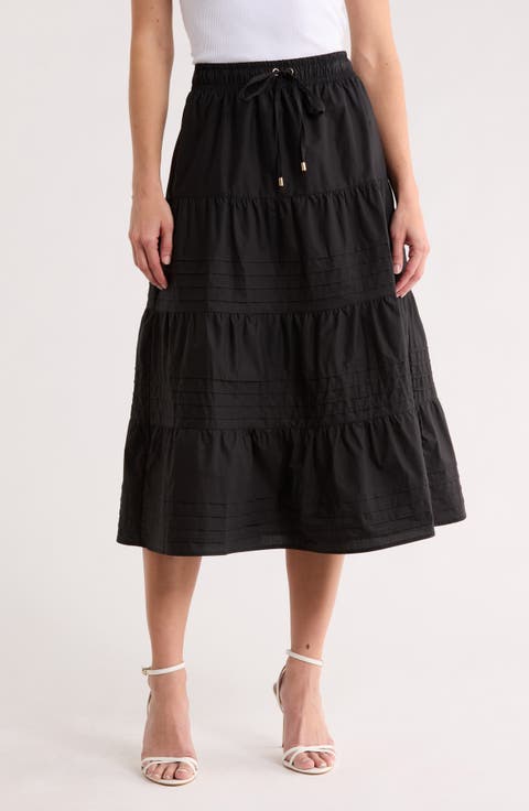 Pleated Tiered Cotton Pull-On Skirt