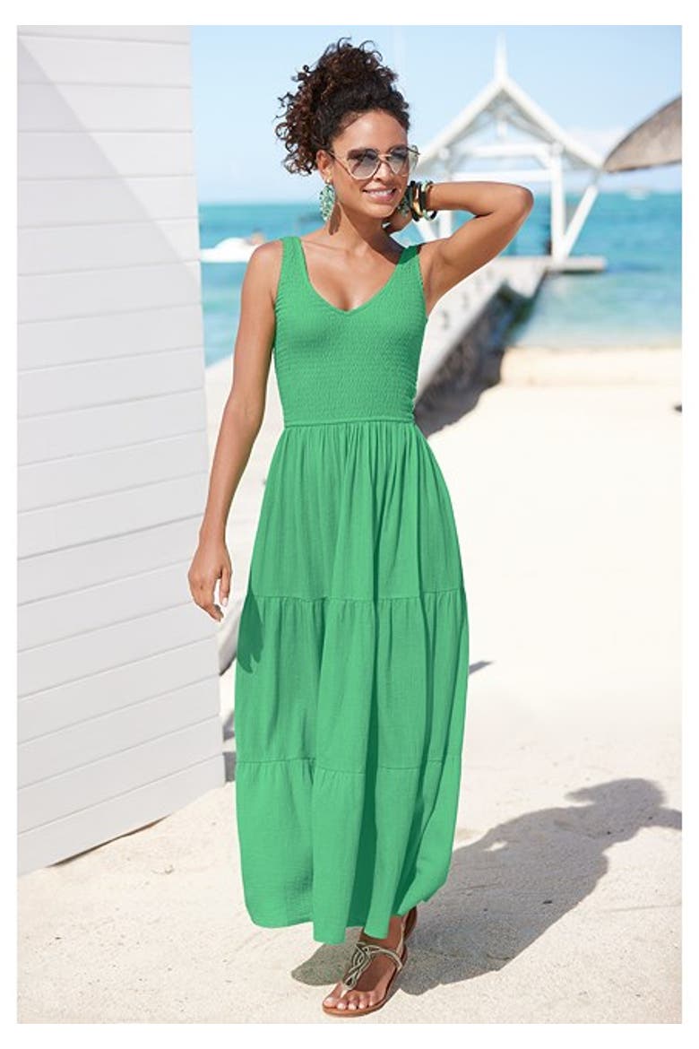 Women's Smocked V-Neck Maxi Dress, Alternate, color, Green