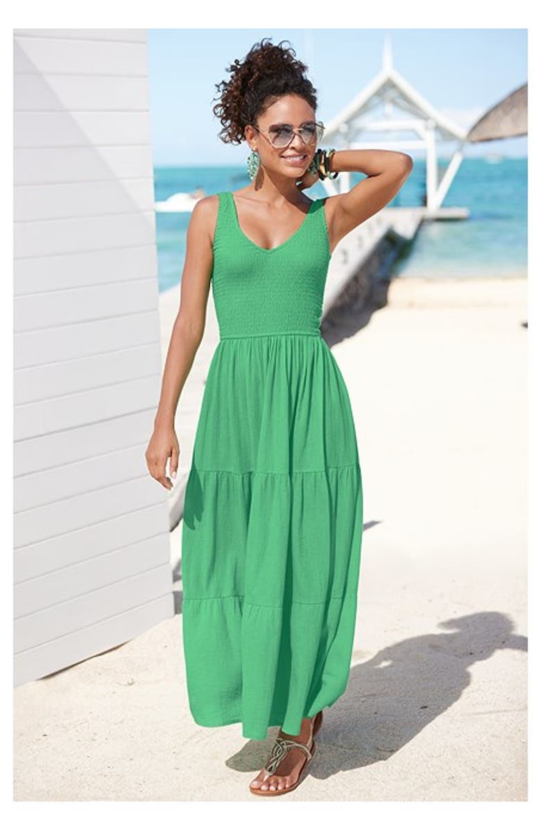 LASCANA Women's Smocked V-Neck Maxi Dress, Alternate, color, Green