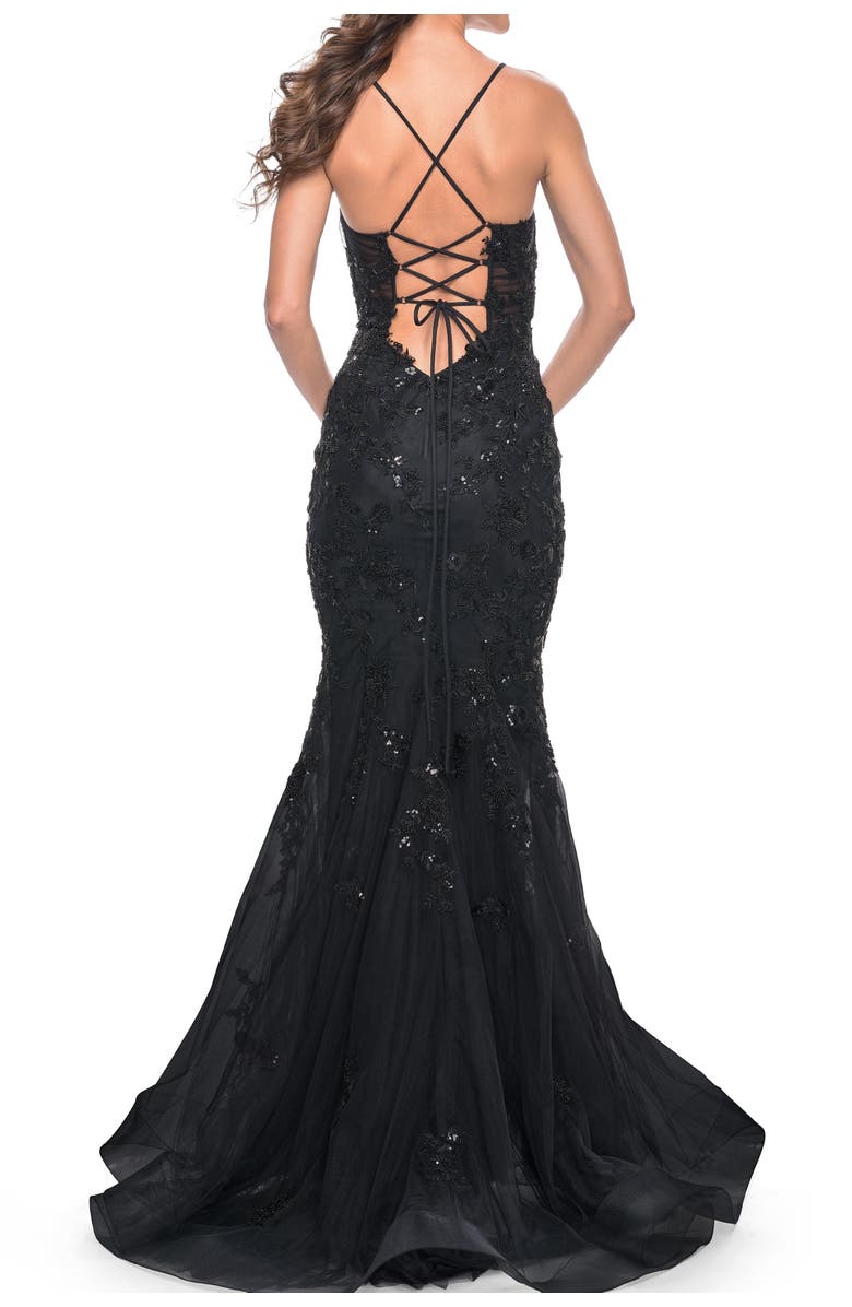 La Femme Mermaid Prom Dress with Sequin Beaded Applique, Alternate, color, Black