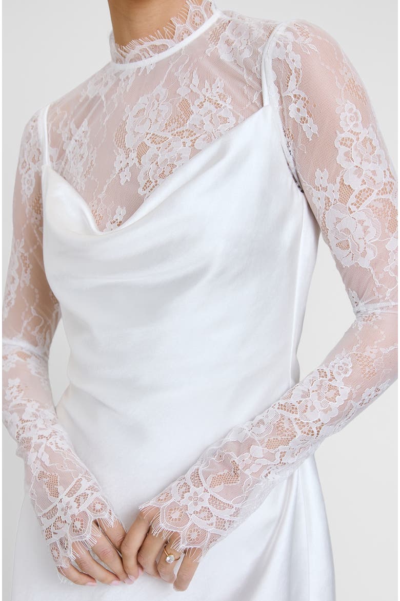 Lace Sleeve Cowl Satin Mini Dress, Alternate, color, White