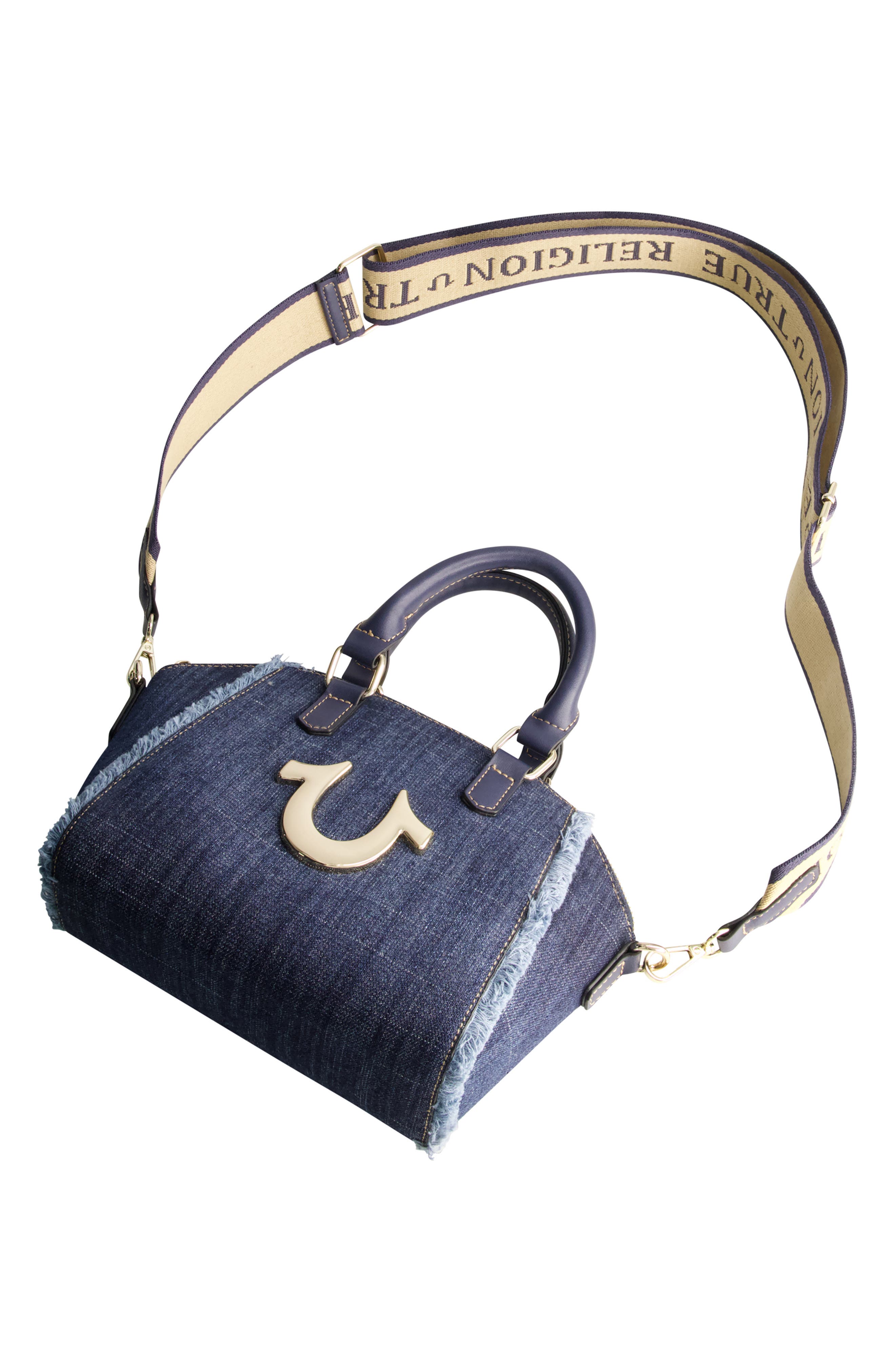 True Religion Frayed Denim Horseshoe Satchel Bag, Alternate, color, 