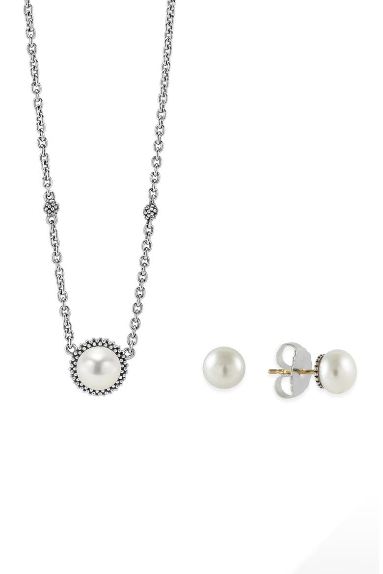Freshwater Pearl Stud Earrings & Pendant Necklace Set, Main, color, SILVER/ PEARL