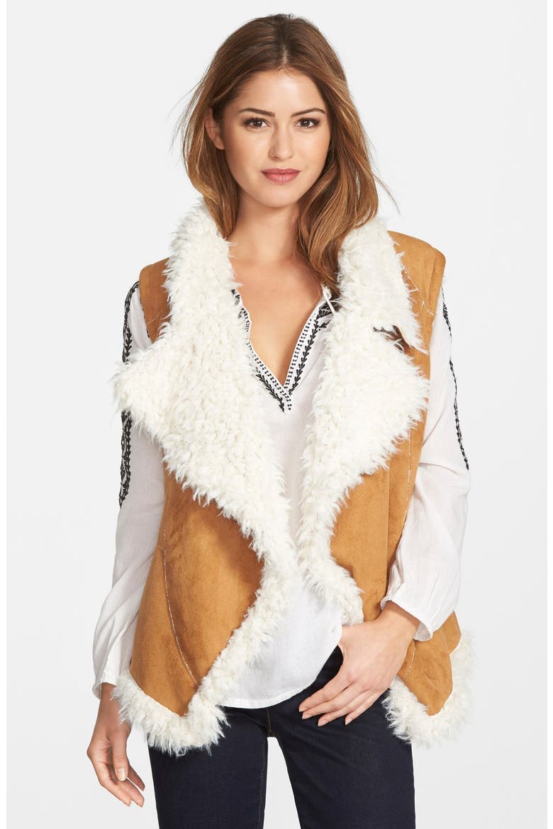 Drape Front Faux Shearling Vest, Main, color, LIGHT CEDAR
