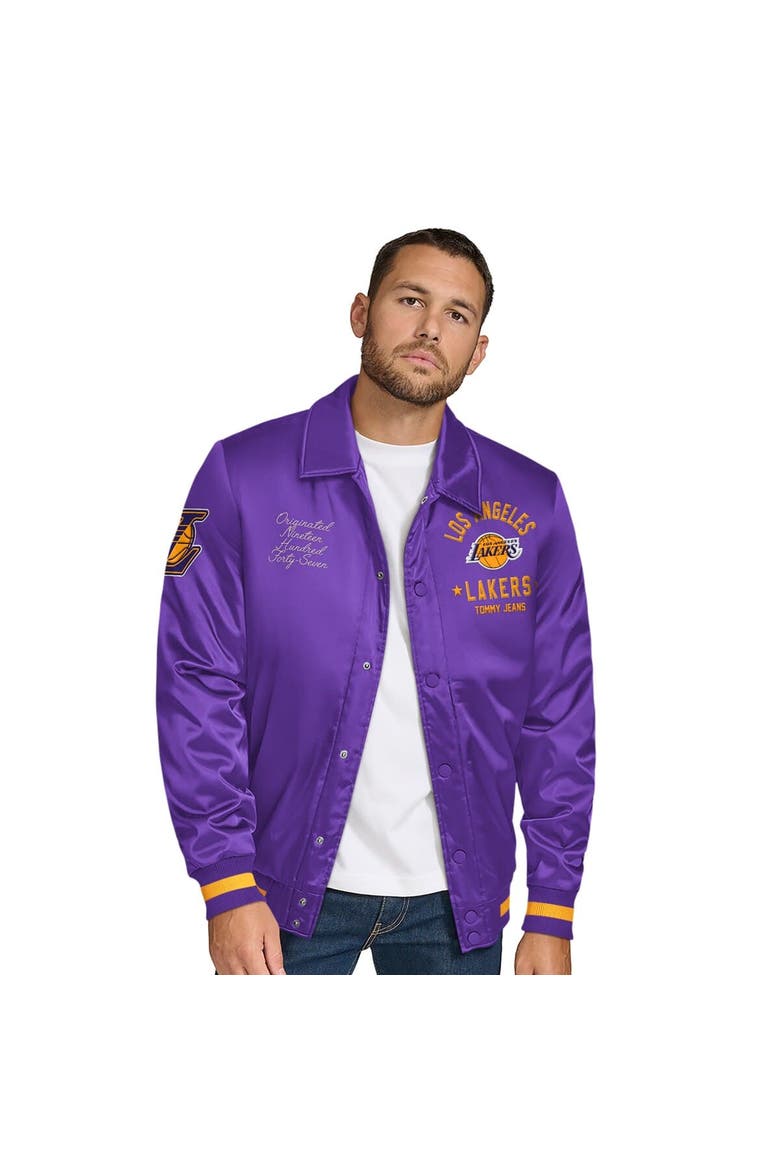 Men's Tommy Jeans Purple Los Angeles Lakers Jacob Chain Stitch Applique Full-Snap Varsity Jacket, Main, color, Purple