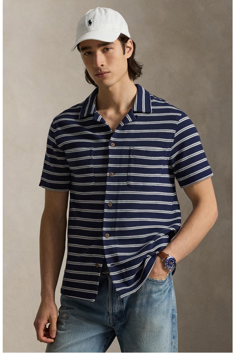 Stripe Pointelle Camp Shirt, Alternate, color, NEWPORT NAVY/ PALE CREAM