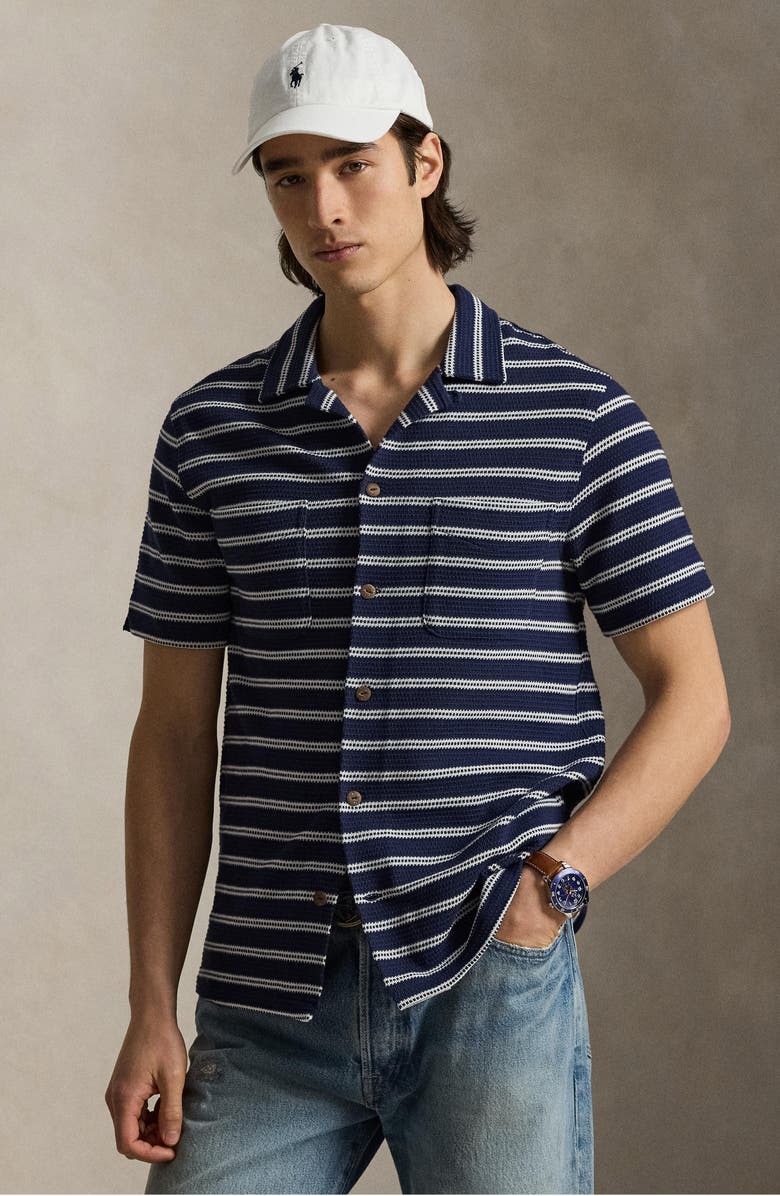 Polo Ralph Lauren Stripe Pointelle Camp Shirt, Alternate, color, Newport Navy/ Pale Cream