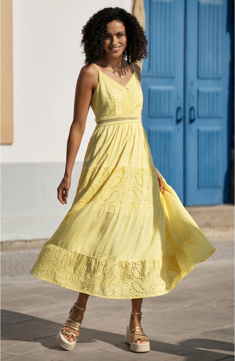 Yumi Cotton Lace Trim Midi Dress, Alternate, color, Butter Yellow