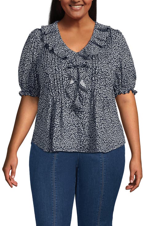 Plus Size Puff Sleeve Slub Ruffle Pintuck Top