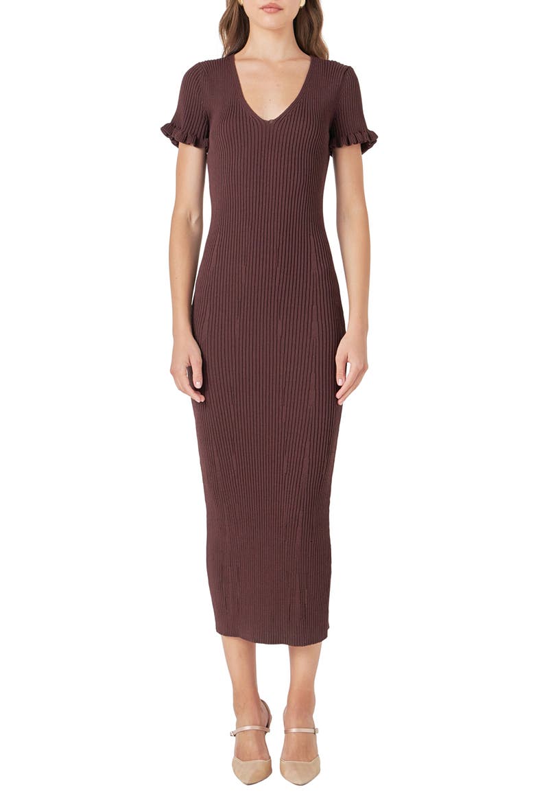 Ruffle Cuff Knit Midi Dress, Main, color, CHOCOLATE BROWN