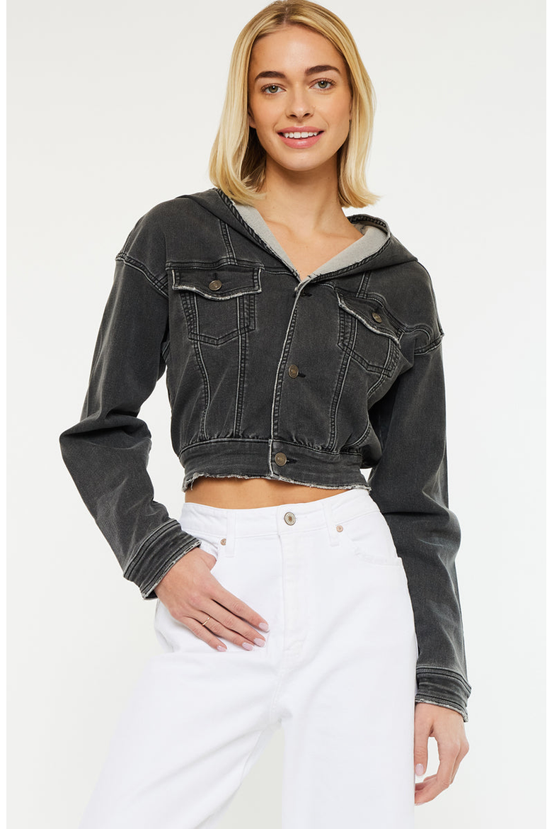 Andie Cropped Hooded Denim Jacket, Alternate, color, Black Charcoal