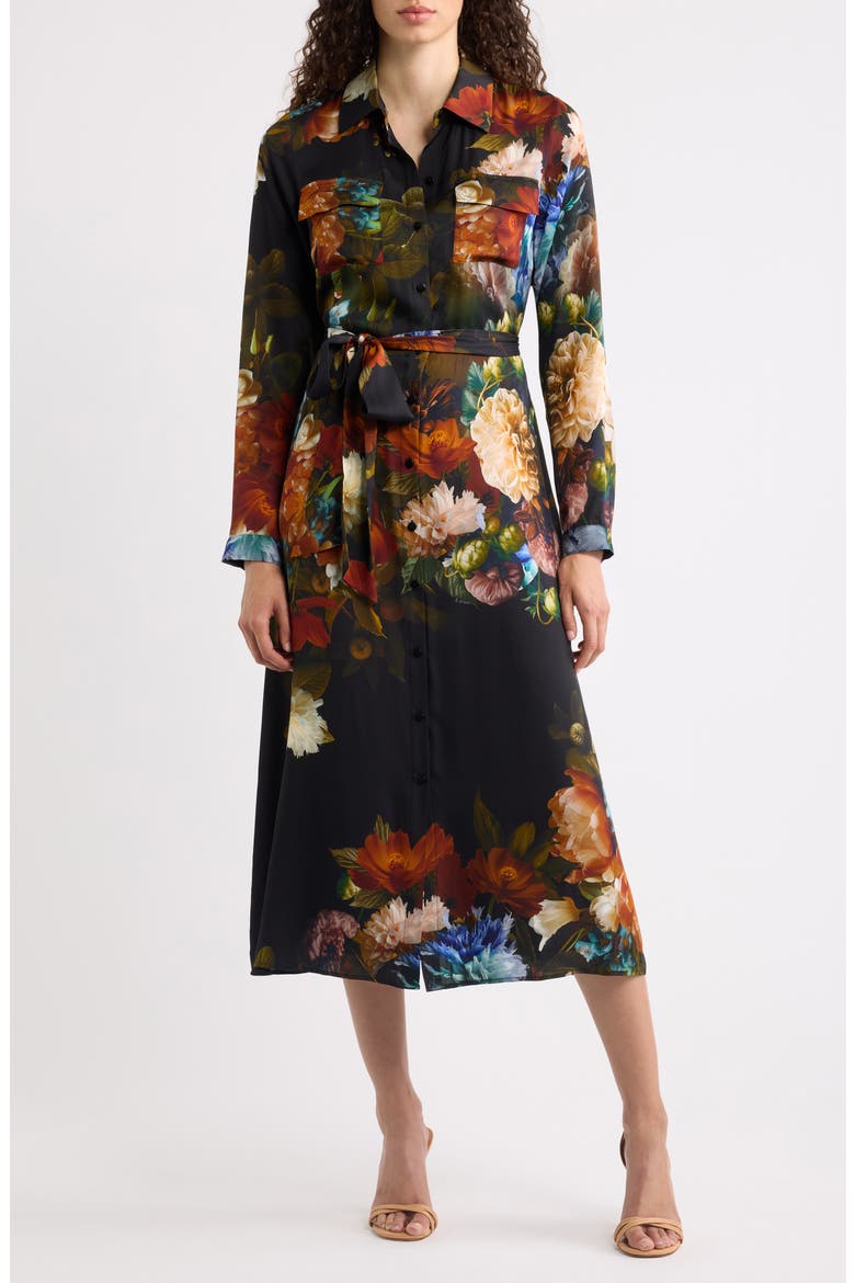 The Kataleya Floral Long Sleeve Stretch Silk Midi Shirtdress, Main, color, MYSTICAL FORREST