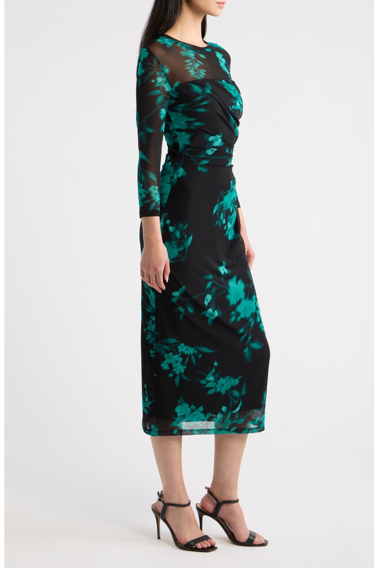 Floral Print Mesh Midi Dress, Alternate, color, DEEP JADE MULTI