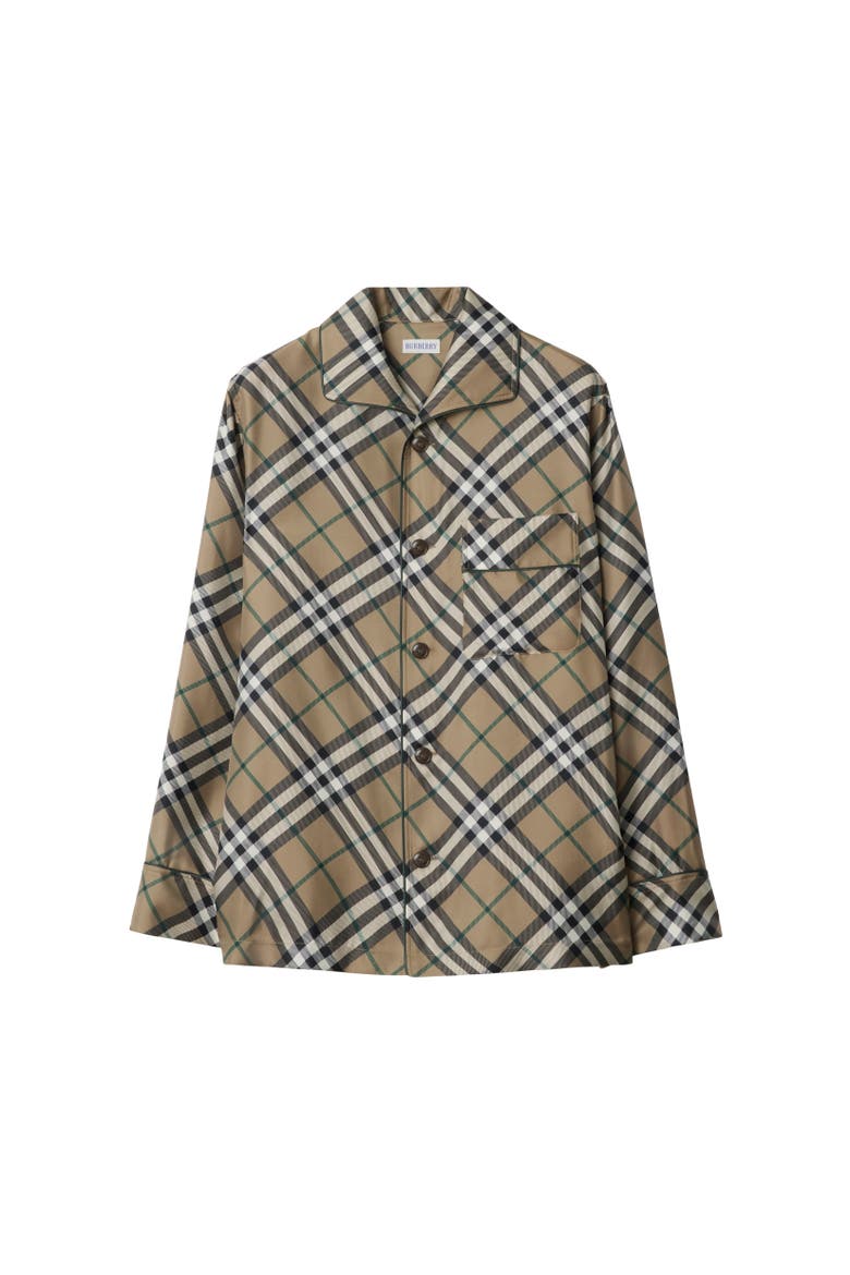 Check Silk Pyjama Shirt, Alternate, color, Linden beige
