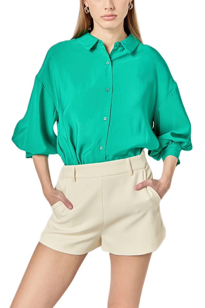 Balloon Sleeve Button-Up Shirt, Main, color, KELLY GREEN