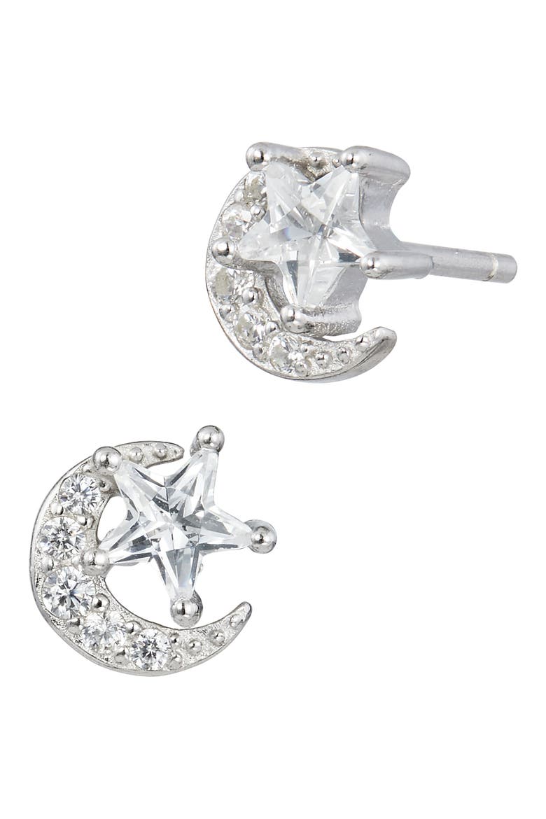 Star & Moon Cubic Zirconia Stud Earrings, Main, color, WHITE