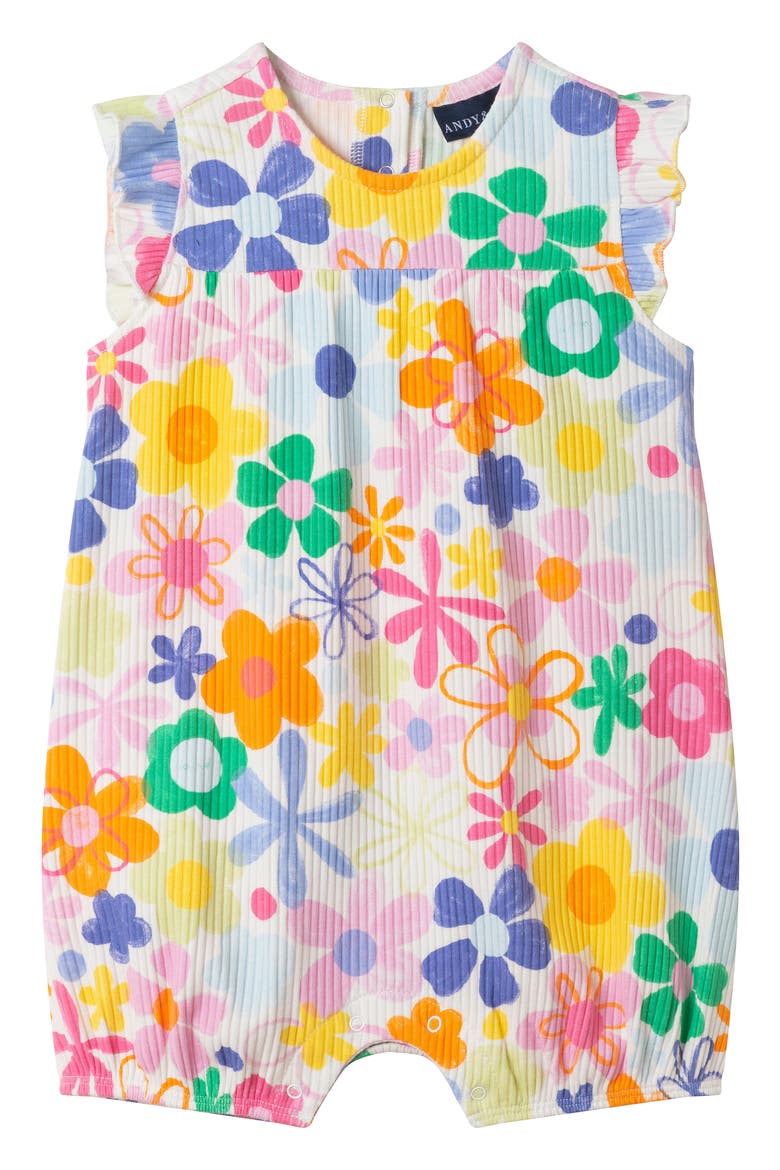 Floral Rib Stretch Cotton Bubble Romper & Bow Head Wrap Set, Alternate, color, WHITE MULTI