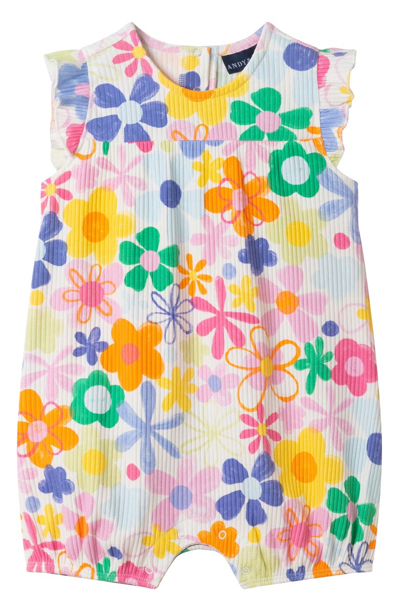 Andy & Evan Floral Rib Stretch Cotton Bubble Romper & Bow Head Wrap Set, Alternate, color, White Multi