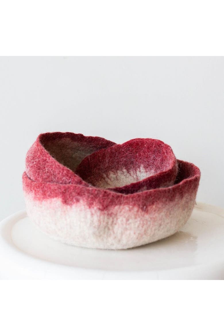 Berry Red Decorative Wool Nesting Bowl - Set of 3, Main, color, Red