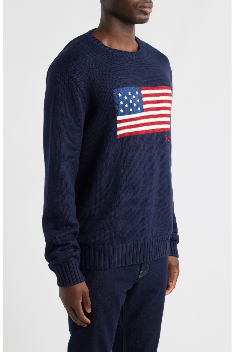 Intarsia Flag Cotton Crewneck Sweater, Alternate, color, BLUE