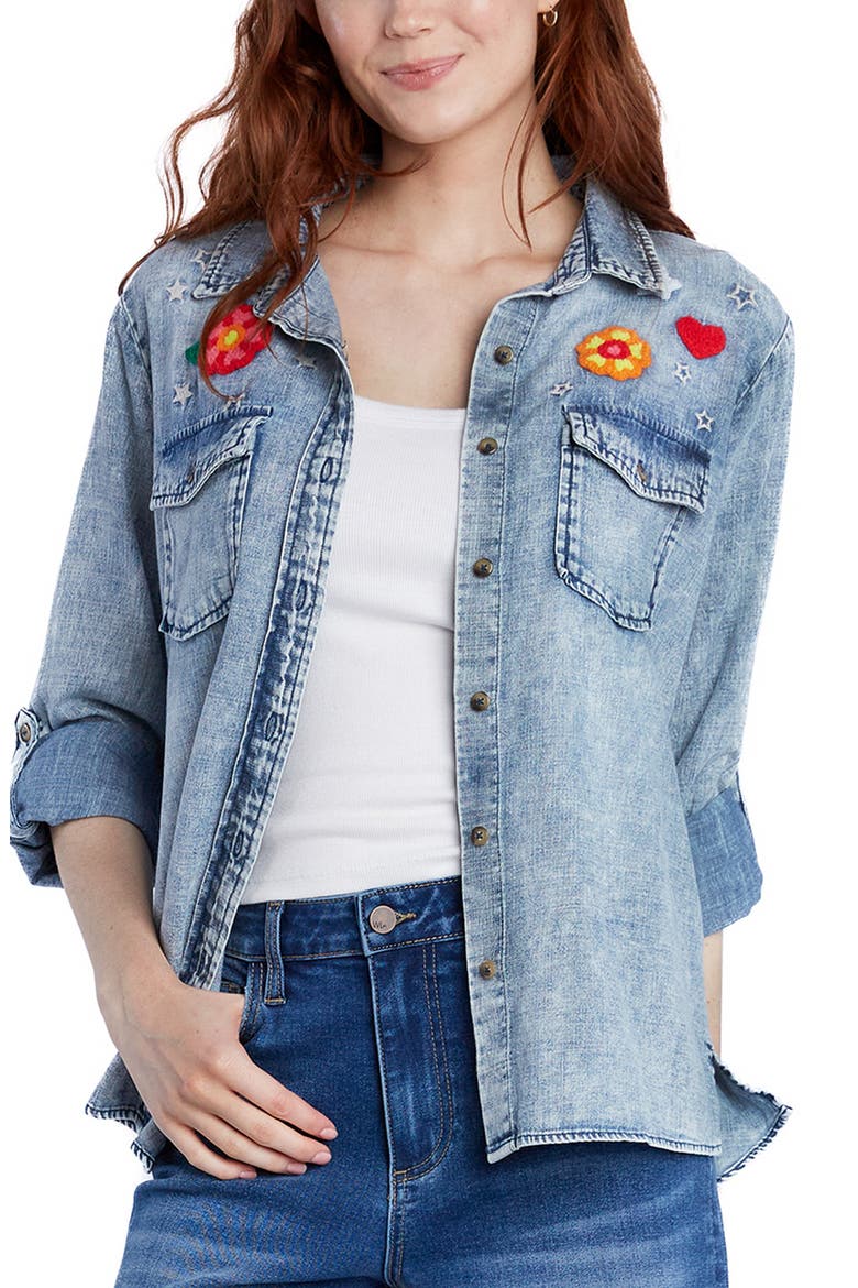 Birds of a Feather Embroidered Denim Button-Up Shirt, Alternate, color, DENIM