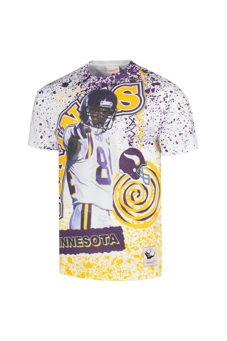 Men's Mitchell & Ness Randy Moss White Minnesota Vikings Retired Player Name & Number Burst T-Shirt, Alternate, color, White