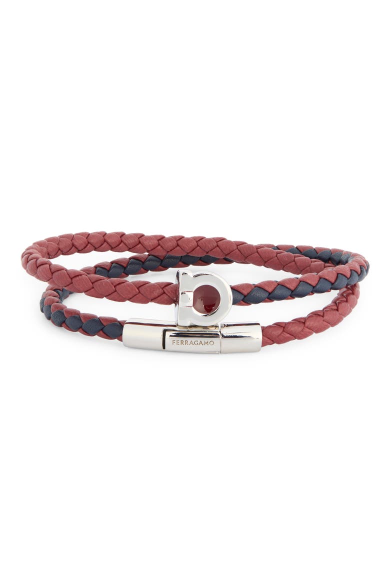 Men's Gancio Braided Leather Wrap Bracelet, Main, color, PLD/ RED/ NAVY