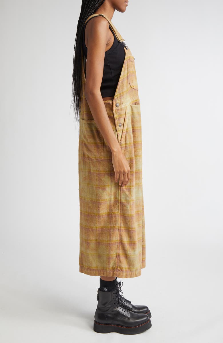 R13 Overdyed Plaid Cotton Flannel Jumbo Overalls, Alternate, color, Overdyed Khaki Plaid