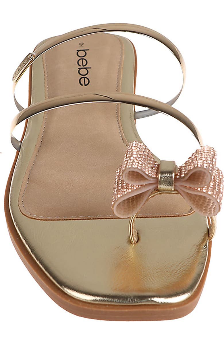bebe Rhinestone Bow Toe Post Sandal, Alternate, color, Light Gold