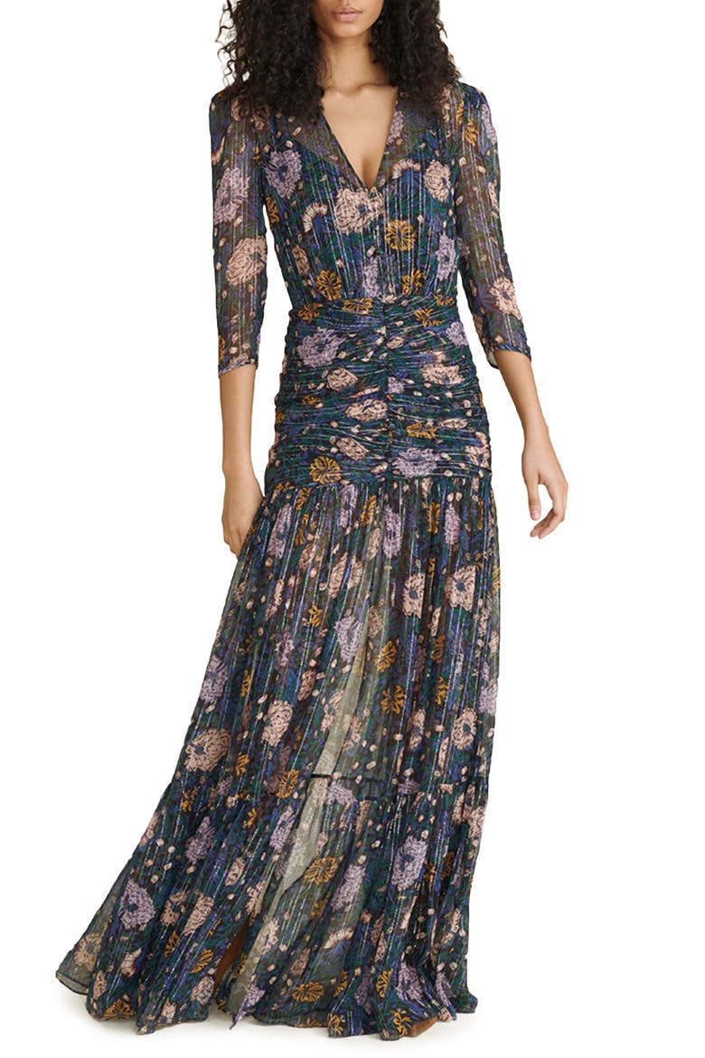 Milja Floral Metallic Thread Silk Blend Dress, Main, color, BLACK MULTI