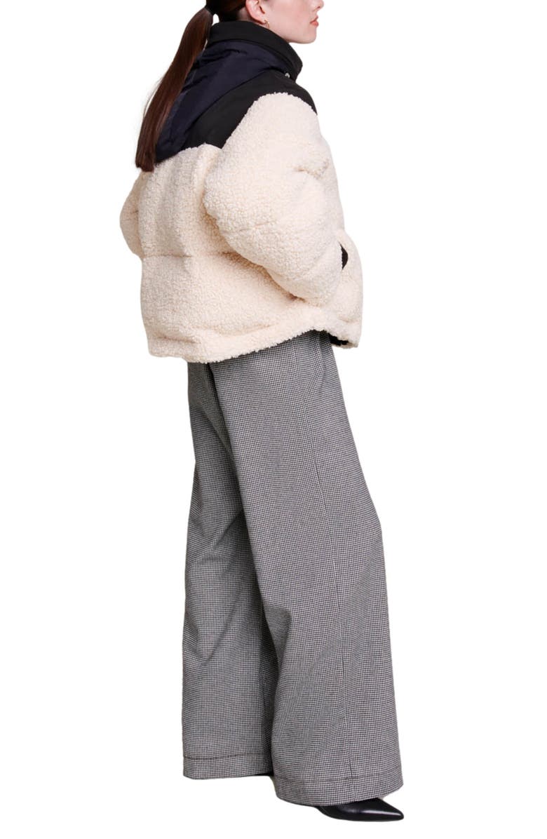 maje Colorblock High Pile Fleece Hooded Puffer Jacket, Alternate, color,