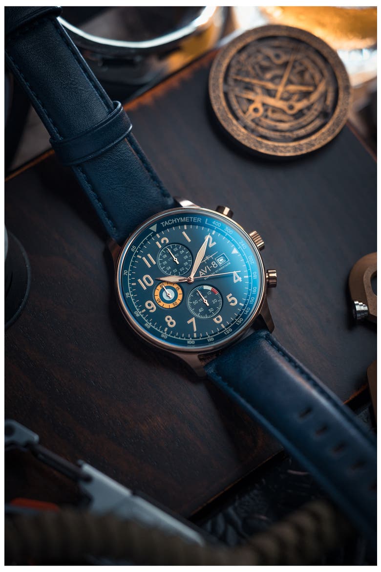 Hawker Hurricane Classic Chronograph Leather Strap Watch, 44mm, Alternate, color, BLUE