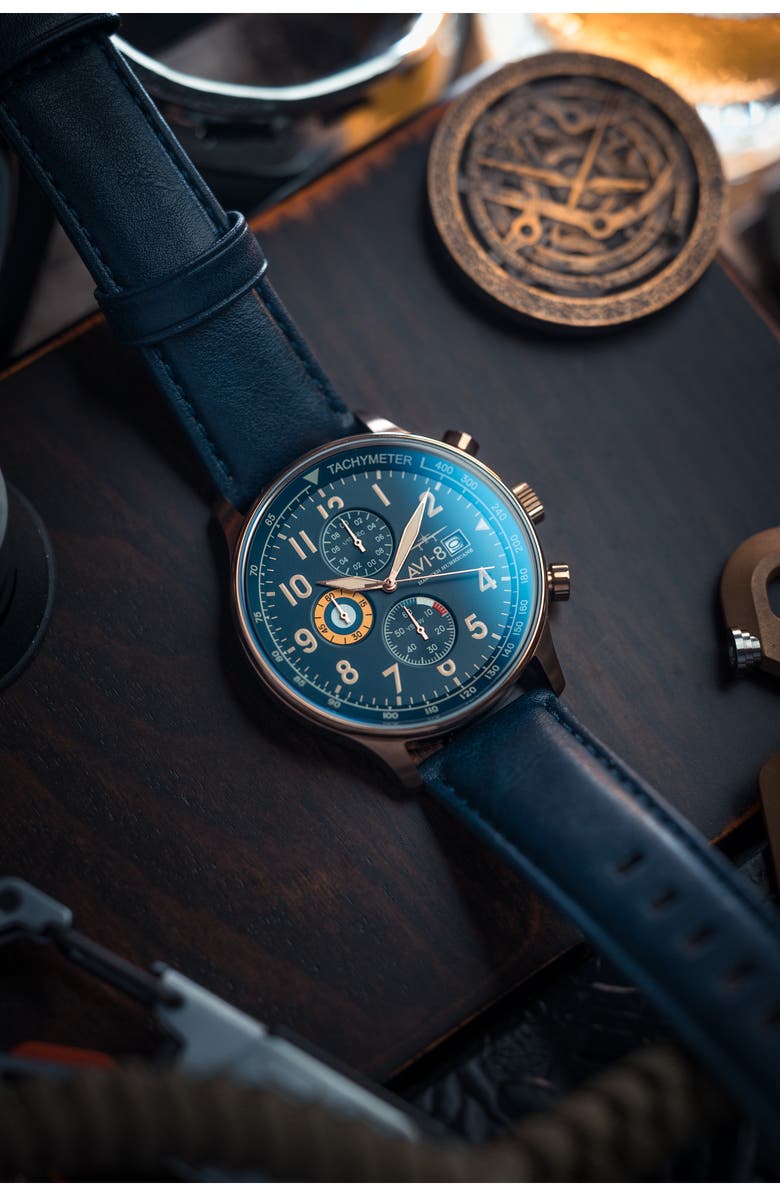 AVI-8 Hawker Hurricane Classic Chronograph Leather Strap Watch, 44mm, Alternate, color, Blue