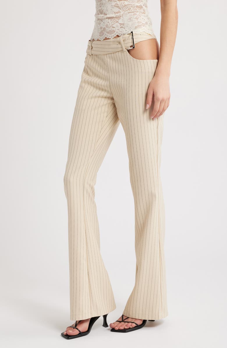 LIONESS Yves Pinstripe Cutout Belted Flare Pants, Alternate, color, Cream Pinstripe