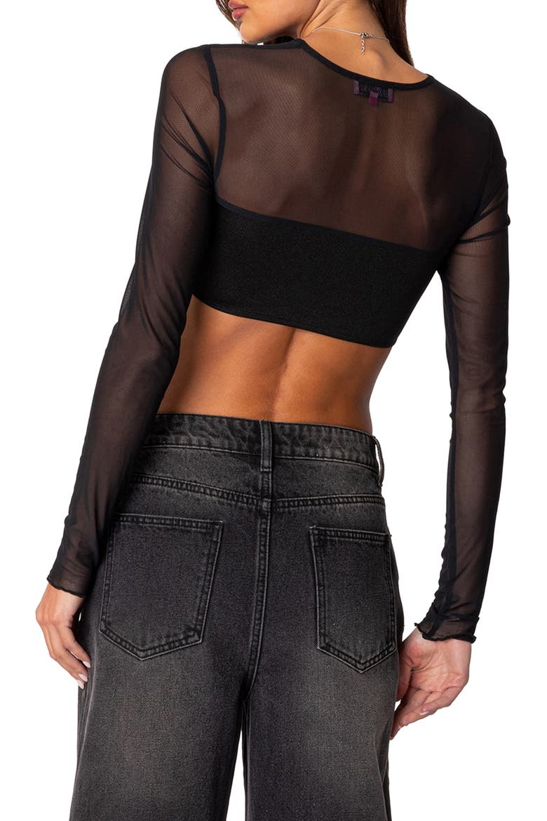 Night Out Long Sleeve Illusion Neck Crop Top, Alternate, color, BLACK
