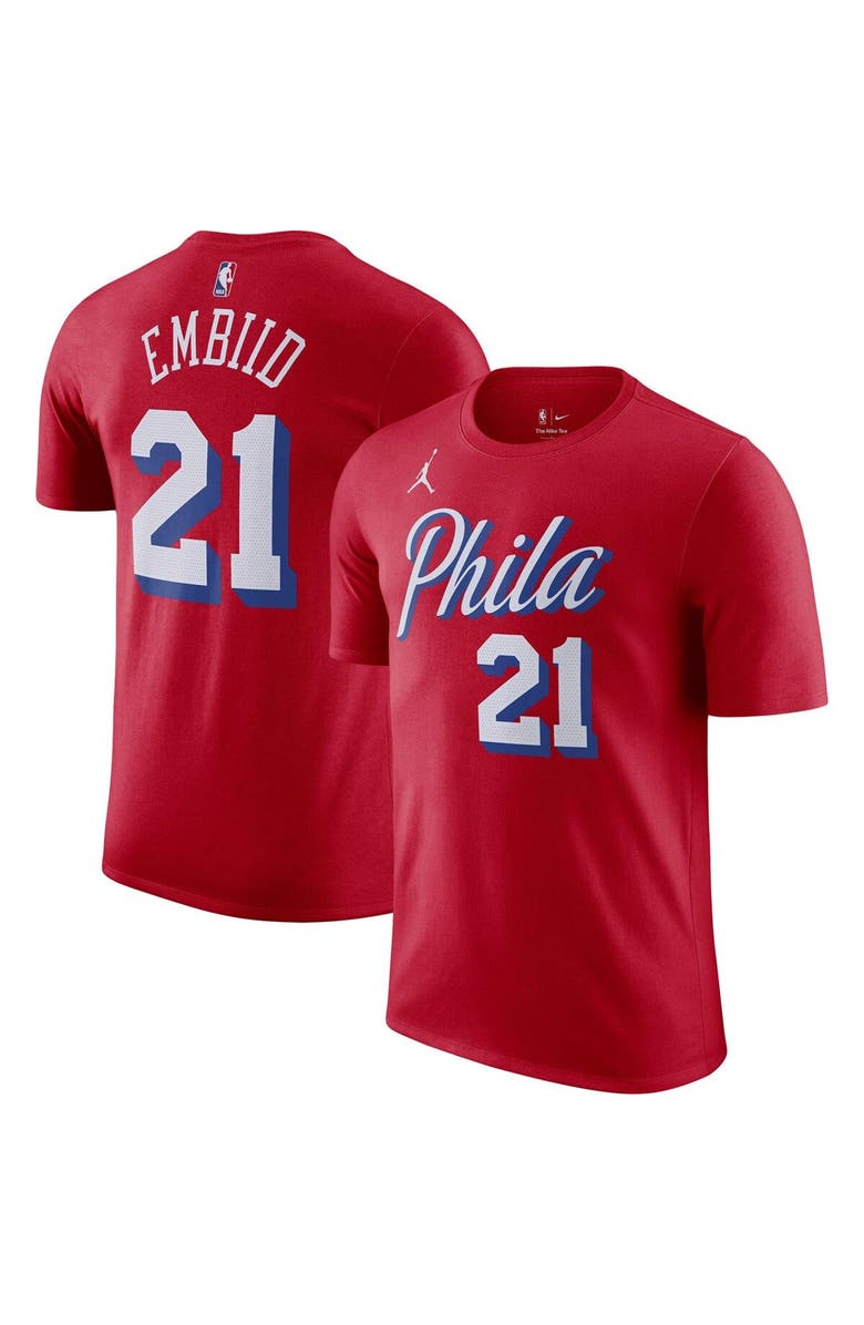 Jordan Brand Men's Jordan Brand Joel Embiid Red Philadelphia 76ers 2022/23 Statement Edition Name & Number T-Shirt, Main, color, 