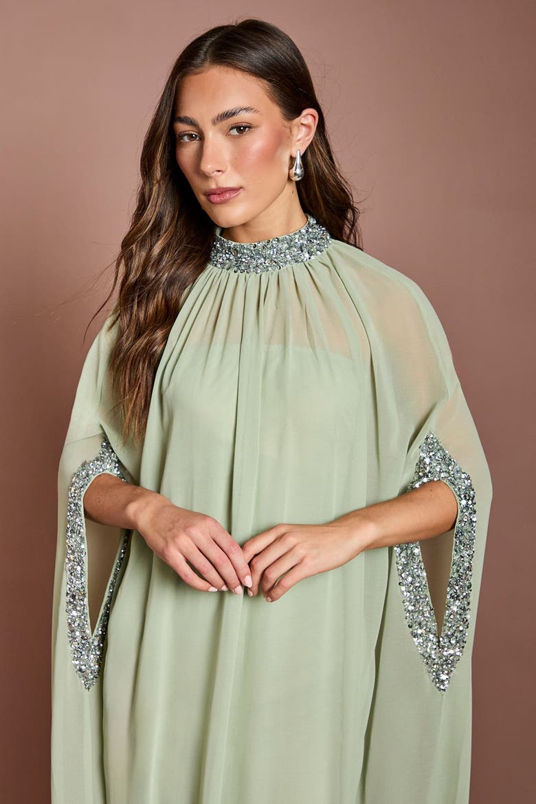 Chiffon Cape Style Sequin Maxi Dress, Alternate, color, Sage