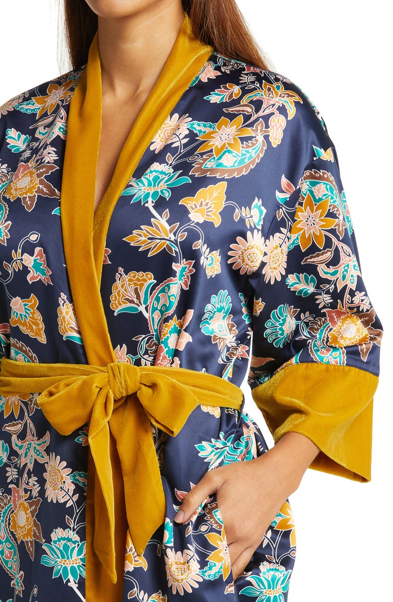 Nordstrom Velveteen Trim Satin Robe, Alternate, color, Navy Peacoat Paisley Floral