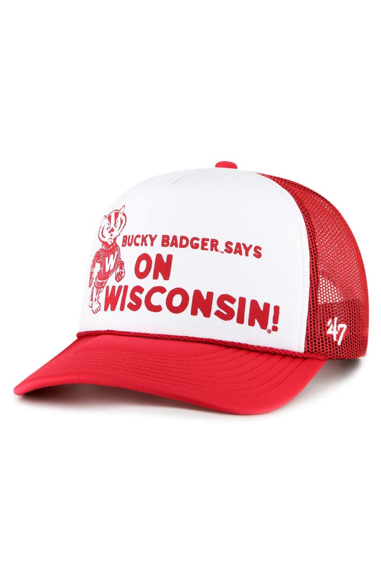 '47 Men's '47 White/Red Wisconsin Badgers Article Foam Front Trucker Hat, Main, color,