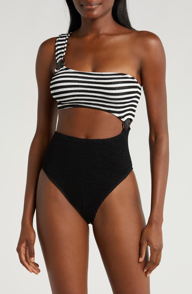 CLEONIE Cutout One-Shoulder One-Piece Swimsuit, Main, color, Noir Stripe/ Noir
