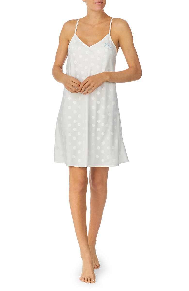 Kate Spade New York polka dot embroidered stretch satin chemise, Main, color, Winter White