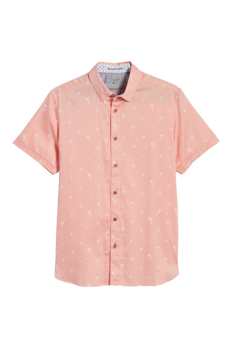 Slim Fit Tropical Print Short Sleeve Button-Up Shirt, Alternate, color, CORAL