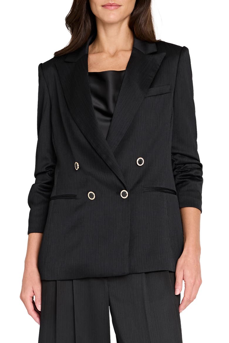 Double Breasted Crinkle Satin Blazer, Main, color, BLACK