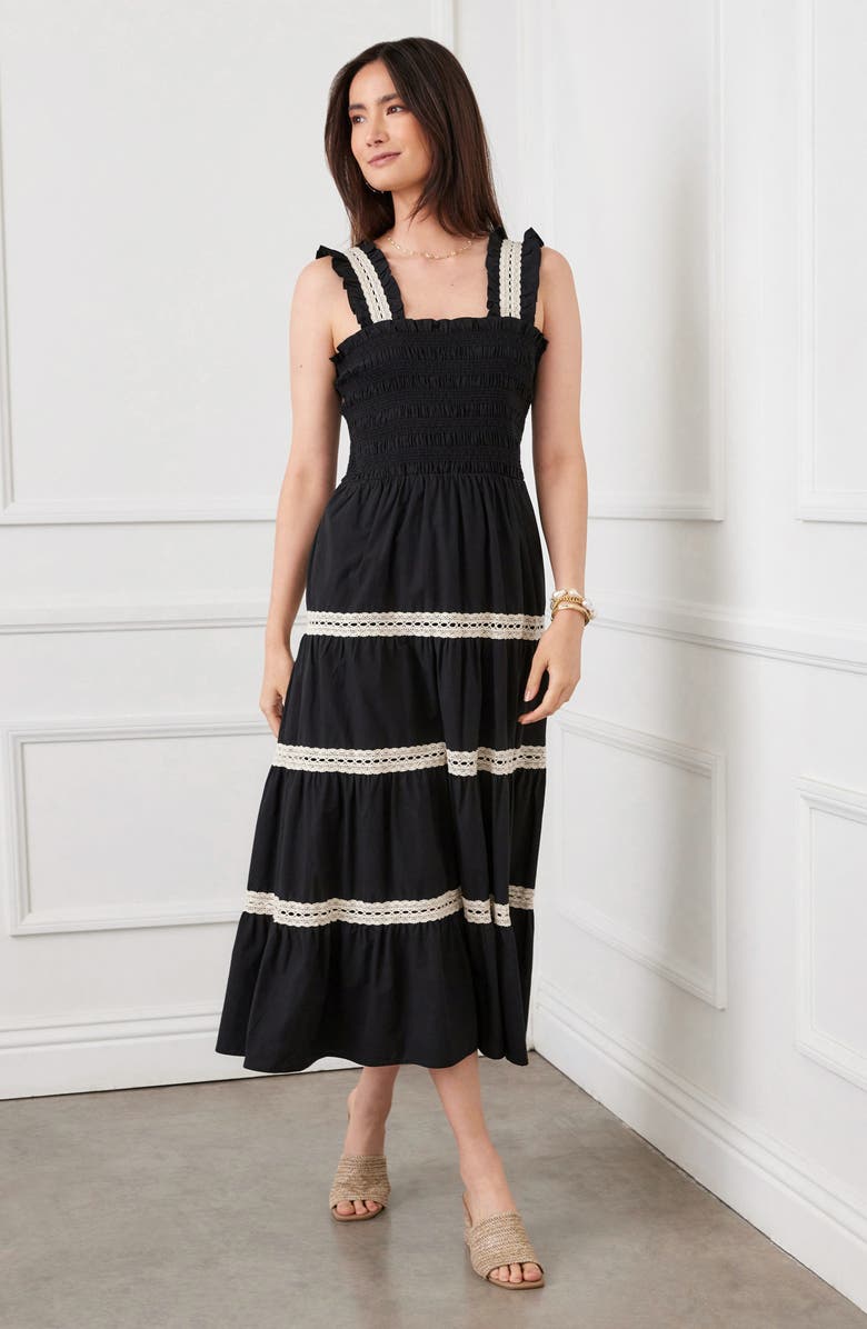 Karen Kane Tiered Midi Dress, Alternate, color, Black W/ Natural