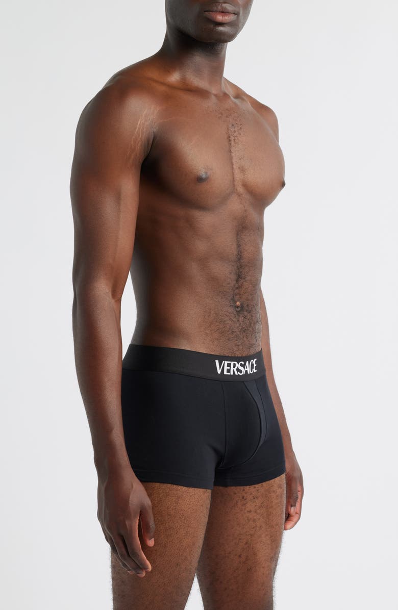 Versace Essential Logo Stretch Cotton Boxer Briefs, Alternate, color, Black